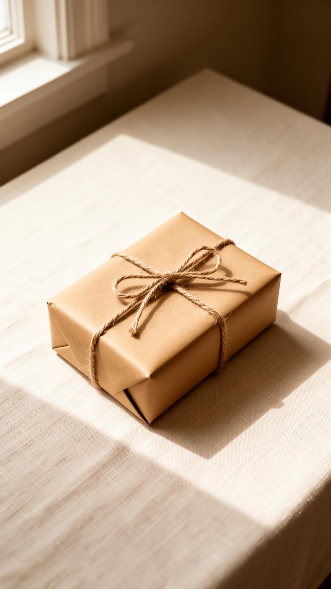 Single elegantly wrapped parcel in soft window light